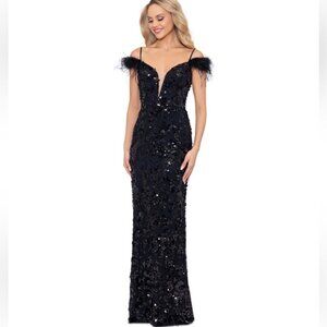Betsy & Adam Sequined Feather Trim gown dress black - 12